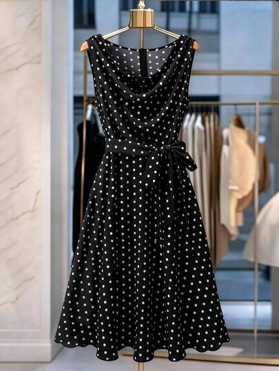 GlowEve CURVE Plus Size Women's Casual Early Spring Classic Black Polka Dot Draped Neck Sleeveless Tie Waist Dress