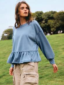 SHEIN Unity Women's Casual Solid Color Round Neck Dropped Shoulder Ruffle Hem Autumn Blue Top Long Sleeve Oversized Sweatshirt, Casual, Spring, Summer For Women, Going Out - Blue - View 4