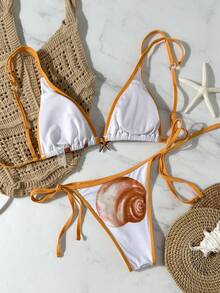 Swim Mod Women's Sexy Backless Starfish Print Tie-Front Split Bikini Set, Beach Holiday Style - Multicolor - View 2