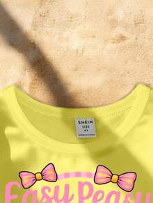 SHEIN Baby Girls Spring And Summer Casual Fashion Creative Personalized Refreshing Cute Minimalist Lemon Flower Yellow Pink Bow Star Yellow Striped Pattern Letter Slogan Print Casual Basic Short T-Shirt + Bike Shorts Set, Comfortable Daily Wear, Suitable For Spring, Summer And Autumn For Baby Girls - Multicolor - View 7