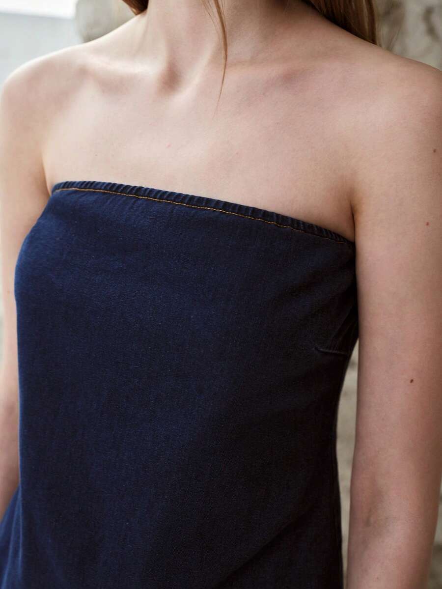 MOTF PREMIUM 牛仔抹胸上衣，春夏休闲都市风 - 中等水洗藍 - 查看 2