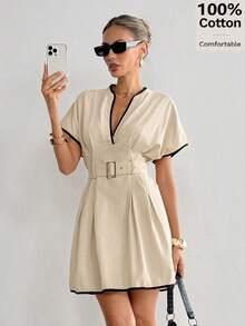 Siren Gaze Women's Solid Color Tie Front Pleated Mini Dress, Contrast Trim Patchwork 100% Cotton Dress, Suitable For Wedding Guest, Beach Holiday Dresses For Women Mini Chic Dress For Woman Khaki Dress Collared Dress Dress Casual, 100%Cotton Dress Chic Dress For Women ,Summer Dress - Apricot - View 5
