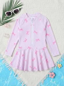 SHEIN 女童蝴蝶结条纹印花拉链长袖连体泳衣 女童长袖泳衣 女童长袖泳衣 女童长袖泳衣 女童长袖泳装 女童长袖泳衣 夏季假期泳装 - 粉色 - 查看 7