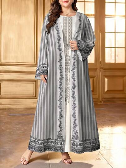 SHEIN Najma Plus Size Women's Vintage Geometric Striped & Floral Print Gray Long Robe, Elegant Arabic Style Long Sleeve Cardigan Maxi Jacket, Asian Fashion For Spring/Autumn