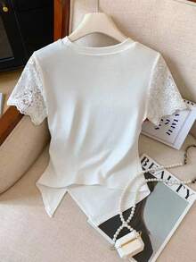 SHEIN LUNE Summer Casual Solid Color Lace Patchwork Short Sleeve T-Shirt - White - View 2