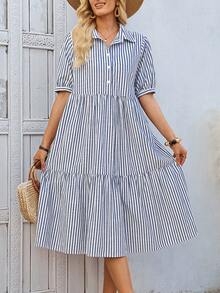 EMERY ROSE 女士休闲条纹纽扣荷叶边中长连衣裙，夏季 - 藍白色 - 查看 5