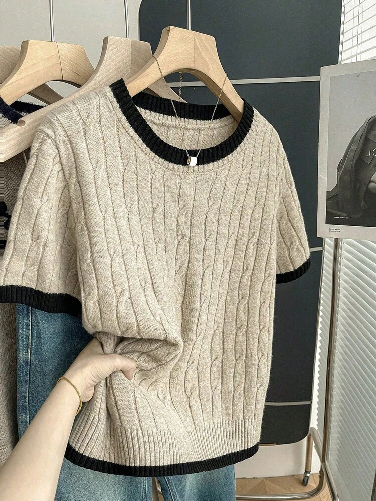Franclia New Casual Loose Korean Style Round Neck Textured Contrast Color Pullover Sweater For Women, Spring/Autumn Knit Tops Ribbed Shirt Comfortable Tops Casual Knit Tops Short Sleeve Knit French Style Tops Comfortable Two Piece Set French Style Clothes Knit Two Piece Set Short Sleeve Knit Top Cable Knit Top Black Trim Knit Top Crew Neck Knit Shirt - Khaki - View 1