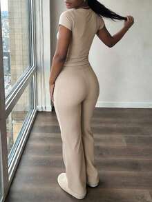 INAWLY Solva 2pcs/Set Summer Casual Solid Color Short Sleeve T-Shirt And Pants - Beige - View 5