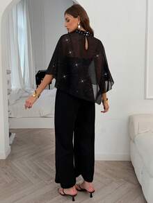 Elenzga New Elegant Sheer Sequin Chiffon Pearl Sequin Capelet Top + Fashionable Adjustable Strap Flared Zipper Jumpsuit Two Pieces Set, Women's Suit, Suitable For Fashionable Female Styling - Black - View 2