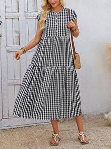 EMERY ROSE 女士休闲格子纽扣荷叶边连衣裙，夏季 - 黑與白 - 查看 4