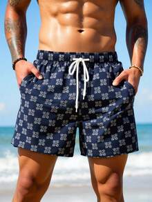 Manfinity Swimmode Men's Summer Vacation All-Over Print Drawstring Waist Slant Pocket Beach Shorts - Navy Blue - View 5