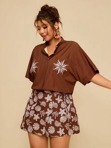 Travachic Bộ đồ nữ cỡ lớn màu nâu dáng rộng gồm áo sơ mi và quần váy, in họa tiết sinh vật biển, kiểu dáng thường ngày, quần short rộng rãi. - màu nâu - Xem 5
