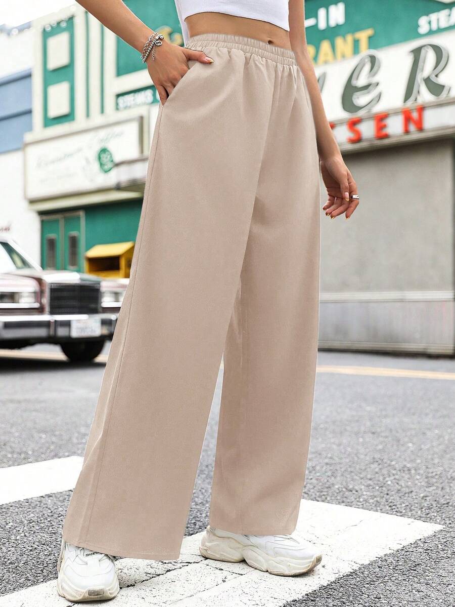 SHEIN Unity 女士纯色弹力腰带口袋休闲百搭阔腿裤,适合日常穿着 - 卡其色 - 查看 1
