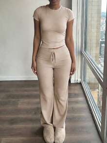 INAWLY Solva 2pcs/Set Summer Casual Solid Color Short Sleeve T-Shirt And Pants - Beige - View 4