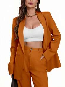 Aveloria Modichic Blazers de manga larga de unicolor con bolsillos - Camel - Ver 5
