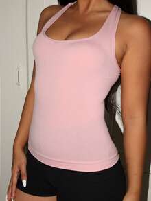 SHEIN Women's Solid Color Square Neck Ribbed Casual Camisole - Baby Pink - View 4