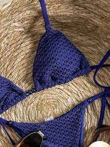 Elavelle Women's Textured Beaded Halter Bikini Set, Spring/Summer Holiday - Blue - View 5