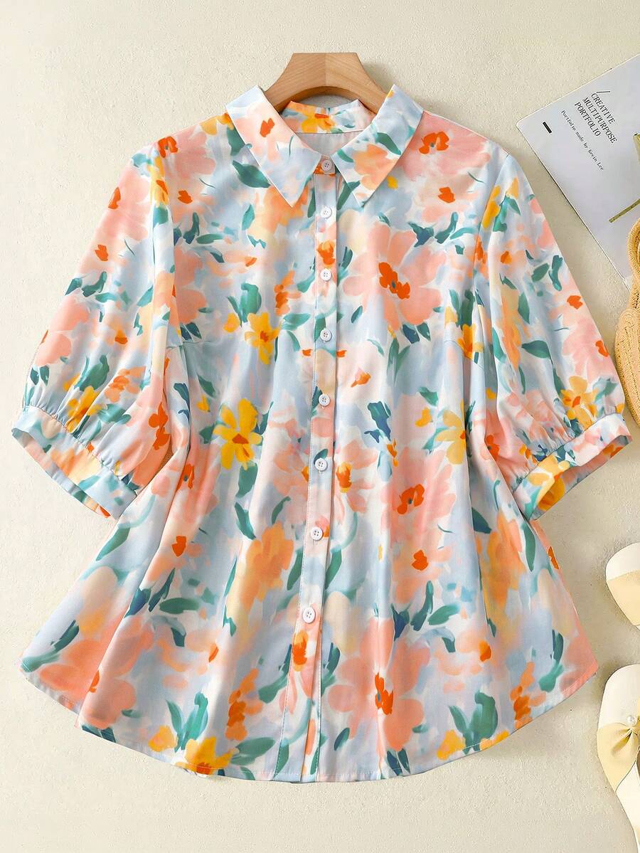 EMERY ROSE Áo sơ mi tay ngắn cỡ lớn in họa tiết hoa tươi tắn, chất liệu vải lanh, thích hợp mặc đi chơi, đi nghỉ mát, mùa hè. - Nhiều màu - Xem 1