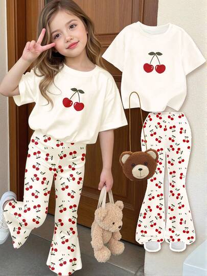 SHEIN Vintage Cute Cherry Print Chic Cartoon Pattern Round Neck Short Sleeve Top And Flare Pants 2-Piece Set, Suitable For Summer, Casual And Stylish Kids Outfit For Outings, Korean Style, Homecoming, Easy Comfort