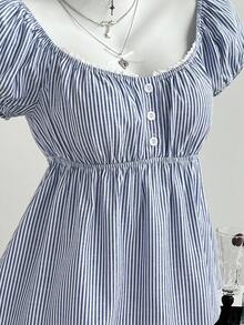 Elamini 女士蓝色舒适方领条纹短袖衬衫，适合海滩度假，休闲百搭，夏季女士休闲穿搭单品 - 藍色 - 查看 7