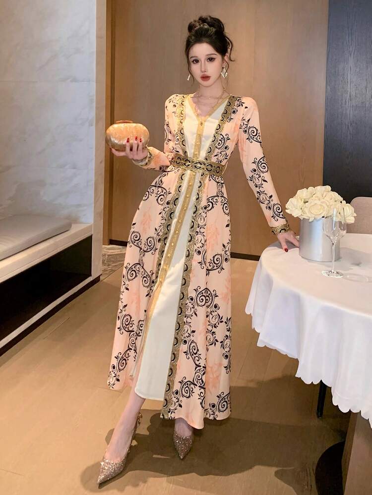 Spring & Summer Pink 2 In 1 Shiny Sequin Embroidered Ditsy Floral Color Block Patchwork Dress, Elegant For Valentine's Day, Wedding, Party, Formal Occasion, Fashion, Casual, Commute, Flared Hem, Long Sleeve Midi Dress For Women