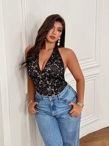 Femmeverse 新款春夏性感透视蕾丝拼接深V领露背蝴蝶结褶皱连体衣 - 黑色 - 查看 3