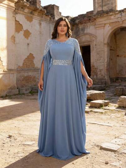 Aureia 大码优雅奢华蓝色V领不对称喇叭袖亮片拼接A字下摆正式晚礼服，秋冬款