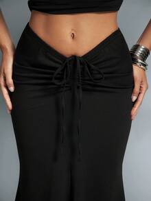 Denimoi Adjustable Drawstring V Waist Maci Skirt Sexy Skirts Vacation Outfits GNO Date Night - Black - View 2