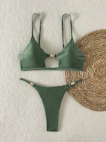 Swim SXY Women's Summer Beach Sexy Vacation Metal Accessories, Spaghetti Strap, Thong, Sexy Bikini Set - Army Green - View 3