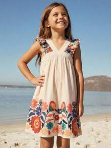 SHEIN Young Girl Ditsy Floral V-Neck Ruffle Hem Casual Dress - Apricot - View 3