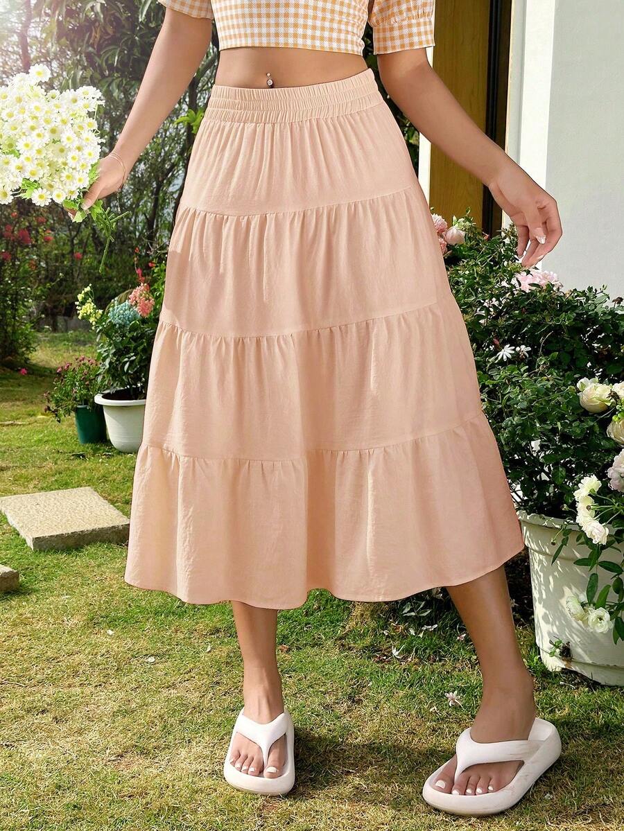 Sunnyshic Váy xòe nữ màu trơn, cạp chun, kiểu dáng thường ngày, thích hợp cho kỳ nghỉ. - Hồng - Xem 1