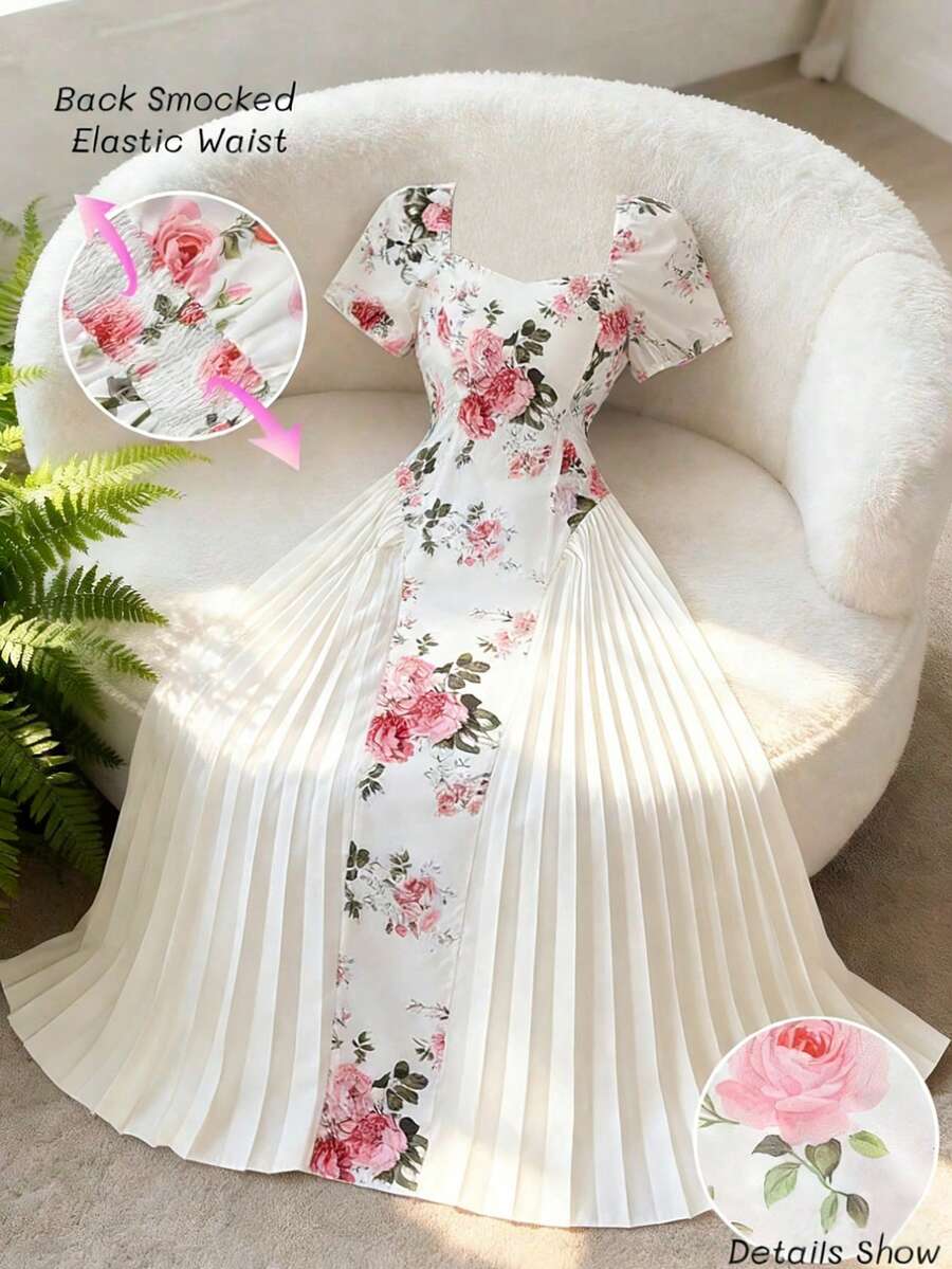 Elenzga Robe mi-longue élégante pour femmes, style français léger pour les vacances, les voyages, et les sorties. Design contrasté Top de gamme avec motif floral rose. Idéale pour la Saint-Valentin et les rendez-vous. Avec manches bouffantes et col carré plissé. - Multicolore - Voir 1