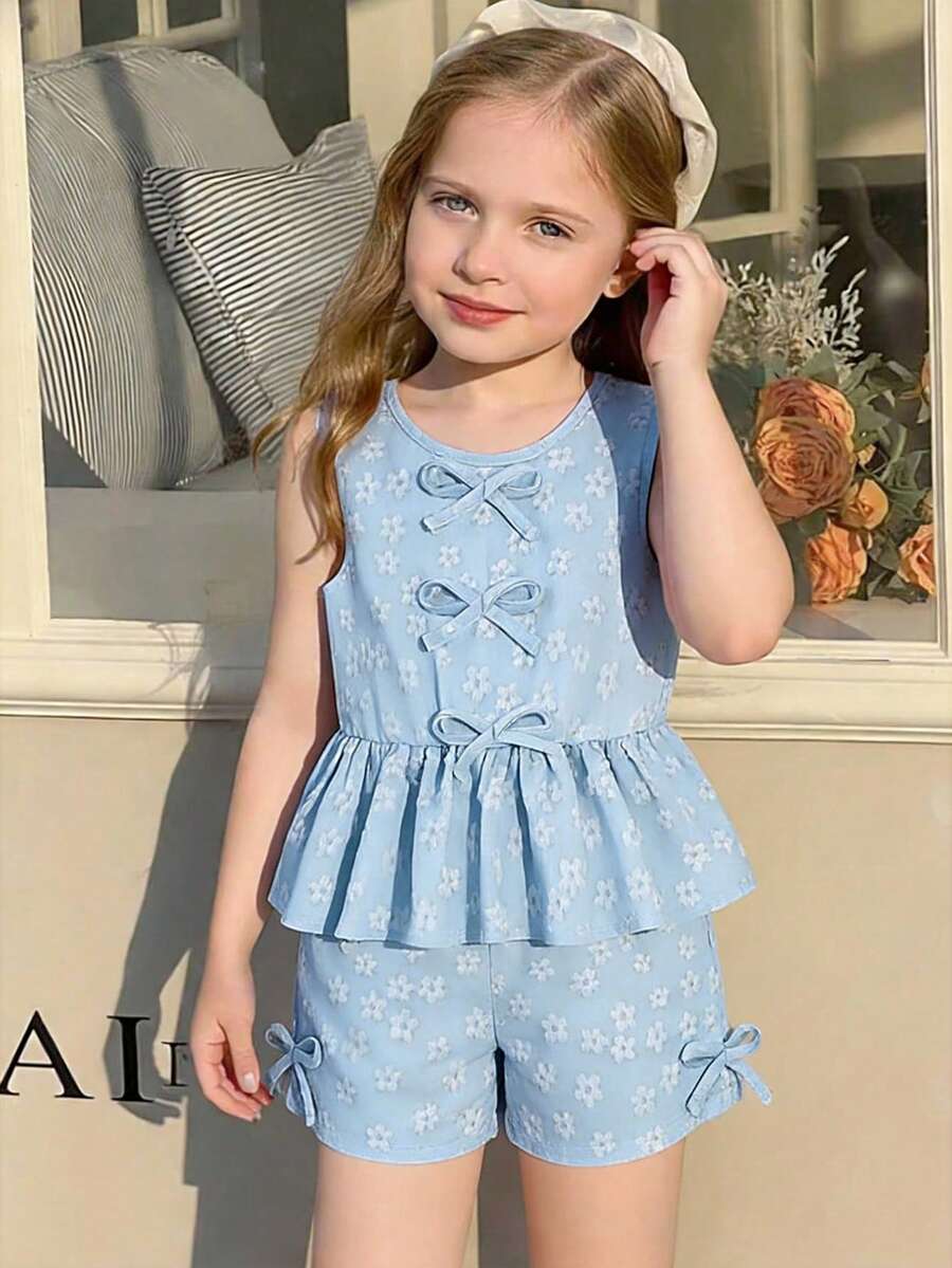 Elladie kids 女童蓝色花卉提花蝴蝶结无袖上衣和短裤套装，夏季时尚儿童户外玩耍度假装