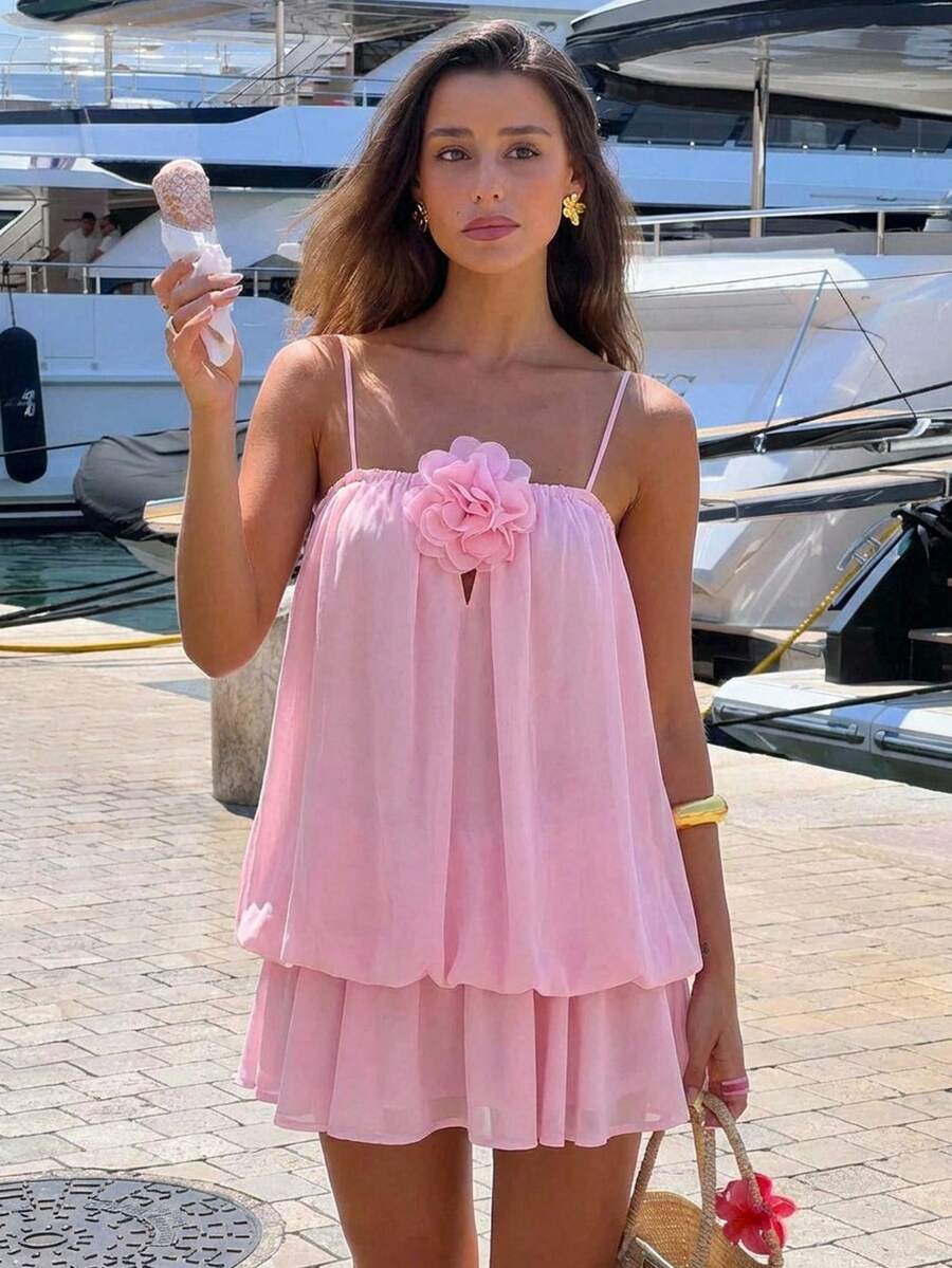 Aloruh Váy ngắn bandeau họa tiết hoa một bên vai ngọt ngào và cay nồng dành cho nữ, viền nhún bèo, quần short an toàn tích hợp để tránh hở hang