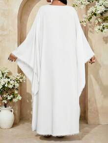 Fleurora Plus Size Women Applique Decor Round Neck Batwing Sleeve Loose Elegant Dress White Abaya Caftan Dress Butterfly Abaya White Modest Dress Abayas Dubai Luxury Summer Dress Spring Dress Women Carnival Costume Party Dress Beach Dress Summer Holiday Outfits Spring Outfit Women Formal Dress White Church Dress Women - White - View 2