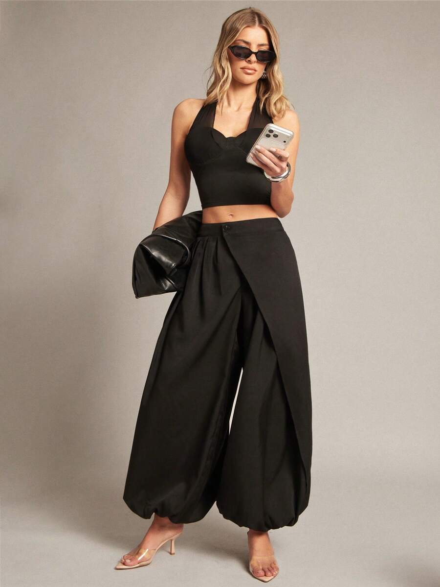 Hauture Asymmetrical Solid Color Casual Pants For Women, Loose Design Sense Ankle-Length Pants With Button, Zipper, Pleats - Black - View 1