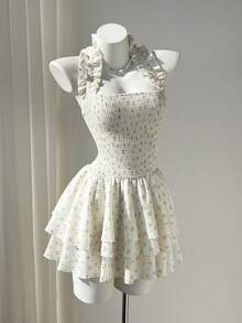 Elamini Đầm ngắn cổ yếm họa tiết hoa nhí dành cho nữ, thích hợp cho kỳ nghỉ hè. - Màu vàng - Xem 3