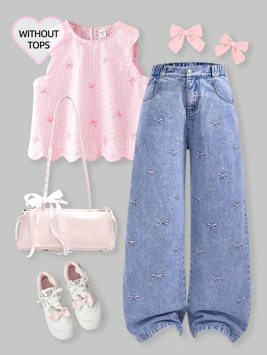 SHEIN ChillGRL Quần Jeans Baggy Cho Bé Gái Tuổi Teen Quần Jeans Ống Rộng Cho Bé Gái Tuổi Teen, Quần Ống Thẳng Thêu Nơ Thiết Kế Mới, Quần Jeans Dáng Rộng Cho Bé Gái, Quần Jeans Rộng Cho Bé Gái Có Nơ Quần Jeans Có Nơ Hồng Quần Denim Cho Bé Gái Thời Trang Thường Ngày Cho Bé Gái Đi Học Hàng Ngày Ngày Lễ Ngoài Trời Và Kỳ Nghỉ Quần Jeans Có Nơ Cho Bé Gái Bộ Quần Jean Thu Đông Cho Bé Gái - Màu xanh lam - Xem 1