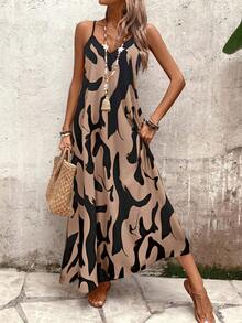 SHEIN PETITE Đầm suông dáng chữ A in hoa thoải mái đi nghỉ và thường ngày không tay cho nữ - Nhiều màu - Xem 5