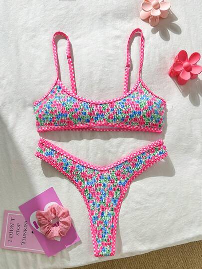 Swim Vcay Women's Beach Outfit, Sweet Ditsy Floral, Pink Tone, Shirred Design, Sexy Micro Bikini, Fashionable Casual Resort Cute & Sexy Women's Swimwear Set