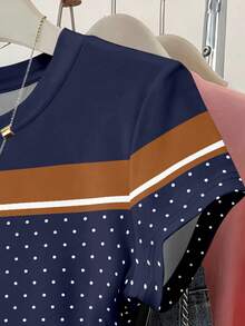 Set de 3 blusas de mujer con estampado de rayas, cuadros y gráficos, de manga corta y con efecto de cintura ceñida - Multicolor 11 - Ver 7