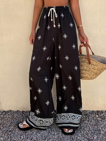 Livesso Women's Casual Geometric Floral Print Bohemian Style Beach Pants, Elegant Straight Leg Trousers For Spring And Summer
