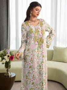 Al Najma Elegant Floral Print Embroidered Ruffle Trim Long Sleeve Loose Flared Robe For Women - Multicolor - View 11