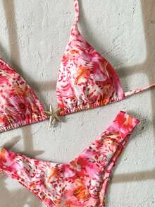 Swim Vcay Bộ bikini nữ in họa tiết ngẫu nhiên, kiểu yếm, đính trang sức kim loại, thích hợp cho mùa hè. - Nhiều màu - Xem 4