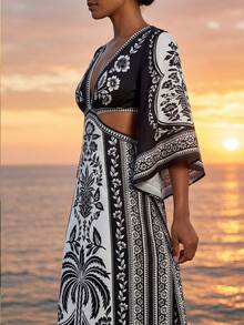 CAJUNI 女士菠萝印花露腰深V领长袖性感时尚连衣裙，度假款 - 黑與白 - 查看 7