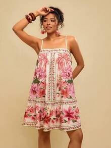 Travachic Abito corto senza maniche con stampa tropicale di animali e piante, verde, per vacanze casual, stile boho, abito floreale rosa per donna, abito rosa da spiaggia, abito corto primaverile a balze per donna - Multicolore - Visualizzare 5