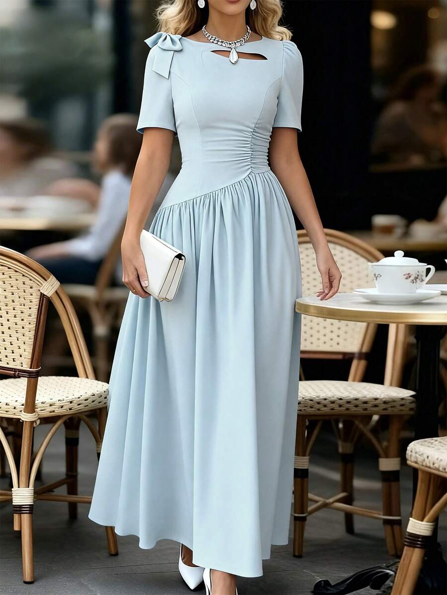 Elenzga Đầm nữ màu xanh nhạt cổ vuông tay phồng thắt nơ, kiểu dáng thời trang mới, phù hợp mặc hàng ngày, dự đám cưới, dạ hội, đi làm, tiệc tốt nghiệp, kỳ nghỉ, hẹn hò, tiệc tùng, Halloween, Giáng sinh, Năm mới, Lễ Tạ ơn, đám cưới. - Màu xanh lam - Xem 1