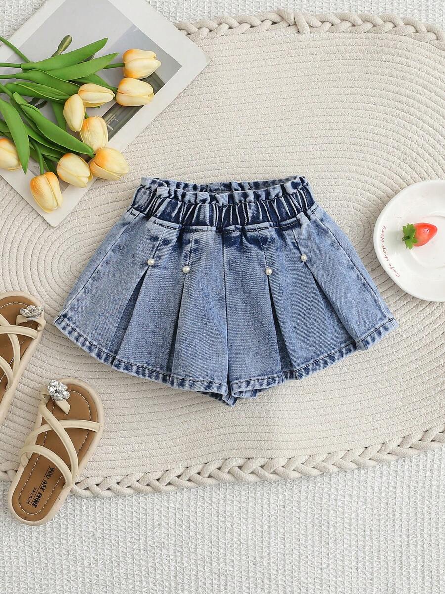 SHEIN Playful Pals Young GirlCasual Cute Vacation Style Elastic Waist Bow Decor Micro Pleated Washed Blue Denim Shorts