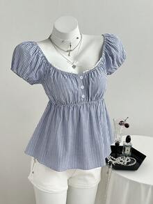 Elamini 女士蓝色舒适方领条纹短袖衬衫，适合海滩度假，休闲百搭，夏季女士休闲穿搭单品 - 藍色 - 查看 4