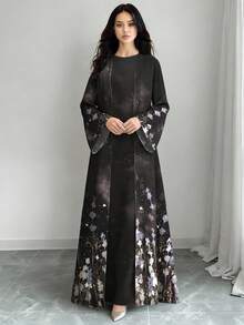 SHEIN Najma 女士复古渐变花卉印花休闲长袖阿拉伯长袍开衫外套，春秋季 - 彩色 - 查看 4